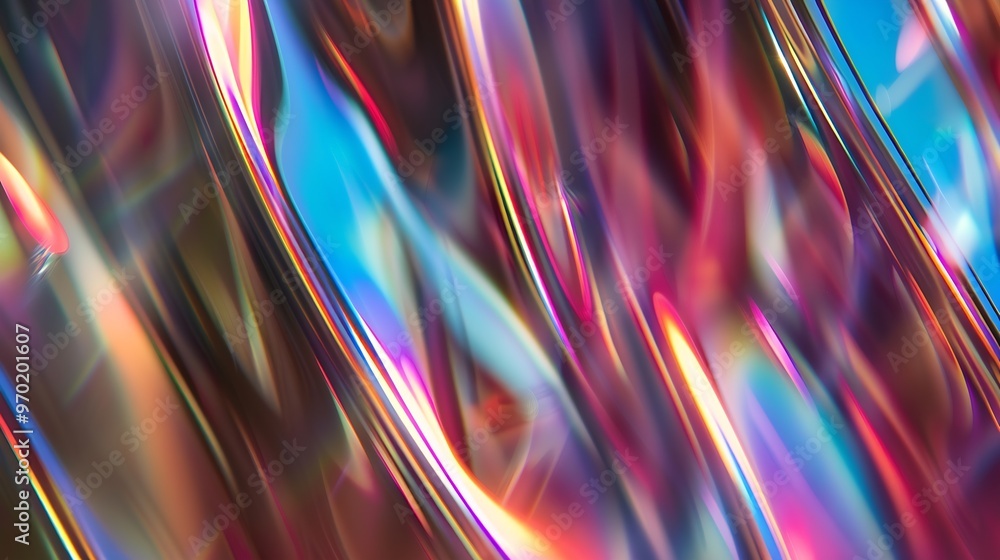 Aufkleber Abstract wave glass vertical line pattern background Texture of wavy glass illuminated with multicolored light Blurry bright backdrop for banner Soft focus image : Generative AI