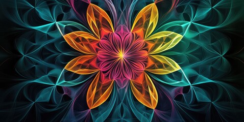 Colorful abstract mandala design with intricate lines on a dark backdrop Stunning digital background suited for wall art and creative relaxation themes