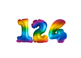 Multicolored balloon for number 124 celebration. Happy birthday on white background
