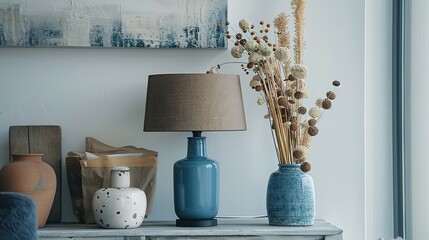A Blue Table Lamp and Dried Flowers in a Vase on a Wooden Tabletop