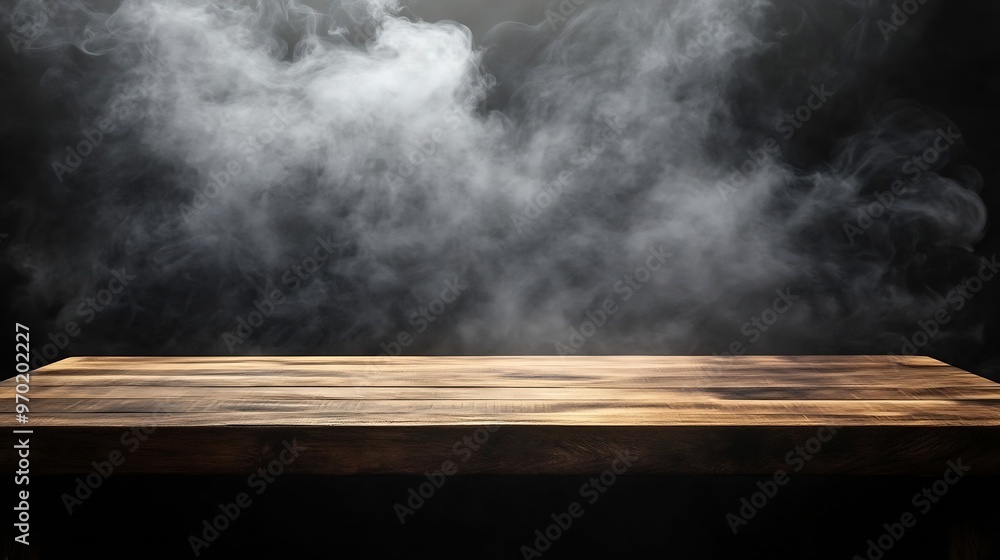 Poster on a black background an empty wooden table with smoke floats up empty space for displaying your pro