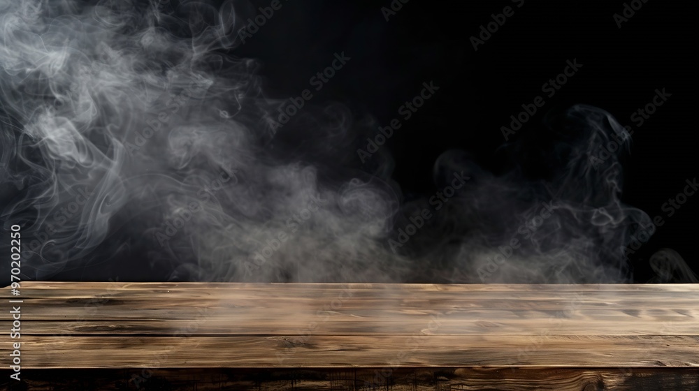 Poster on a black background an empty wooden table with smoke floats up empty space for displaying your pro