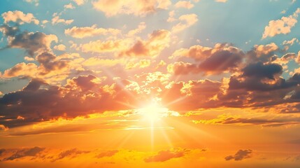 Obraz premium Sunset sky clouds in the evening summer with Orange Yellow sunlight in Golden hour or morning sunrise Horizon sky nature background : Generative AI