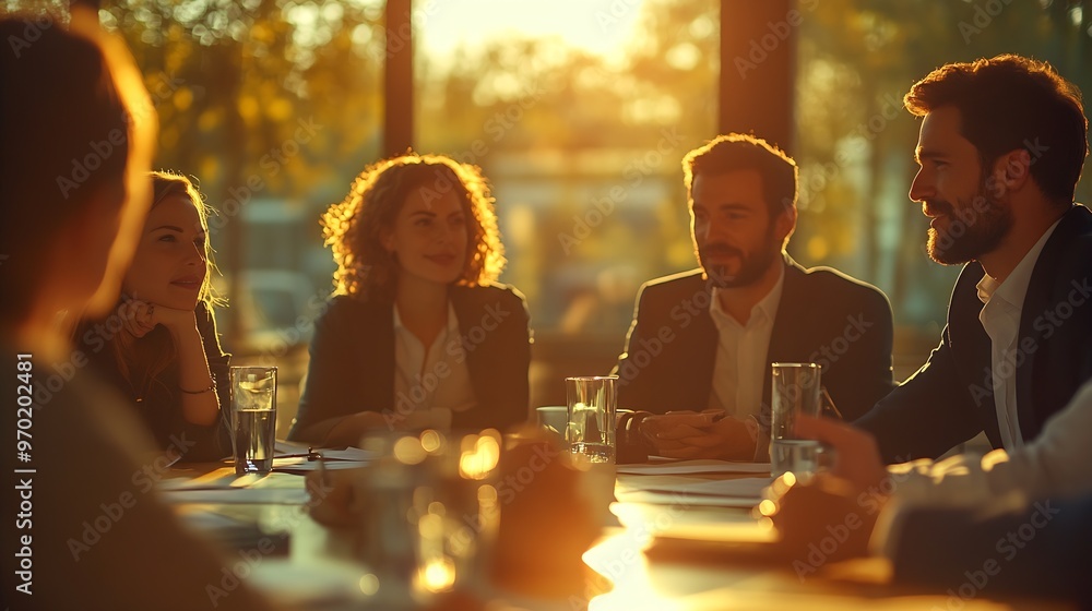 Poster group of colleagues engaging in a discussion during a business meeting in a conference room happy bu