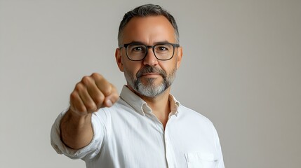 A middle aged male supervisor eagerly shows his fist Ready and gungho for a challenge Isolated on a white backdrop : Generative AI