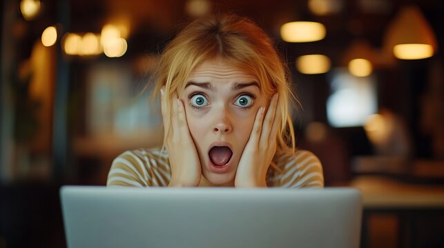 Young caucasian woman working using computer laptop afraid and shocked surprise and amazed expression with hands on face : Generative AI