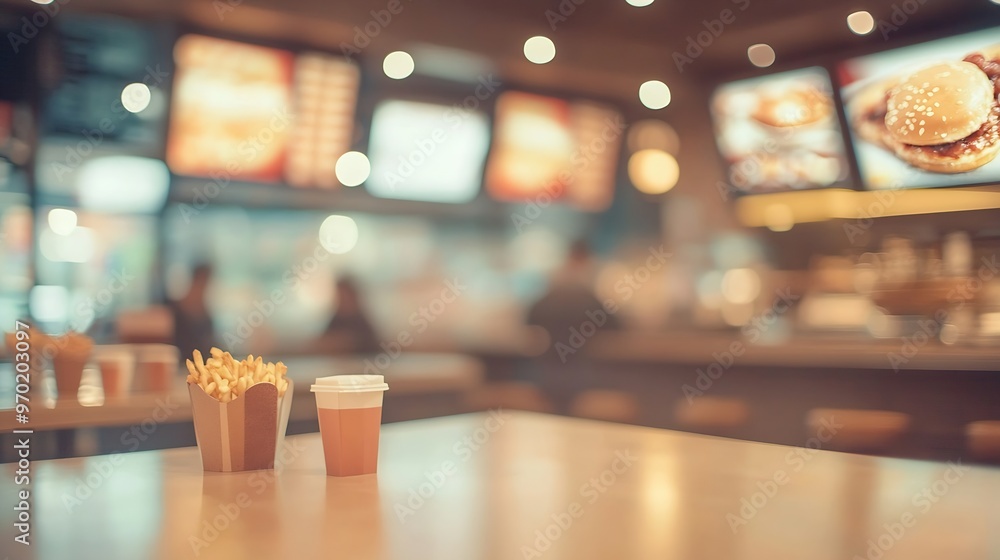 Poster abstract blurred background of place for order at a fast food restaurant out of focus concept with v
