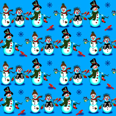 Snowman Trio on Blue Winter Pattern Seamless Repeat