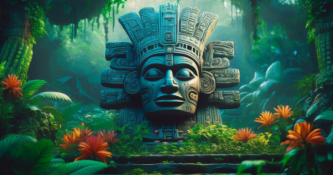 Escultura maya en medio de la selva