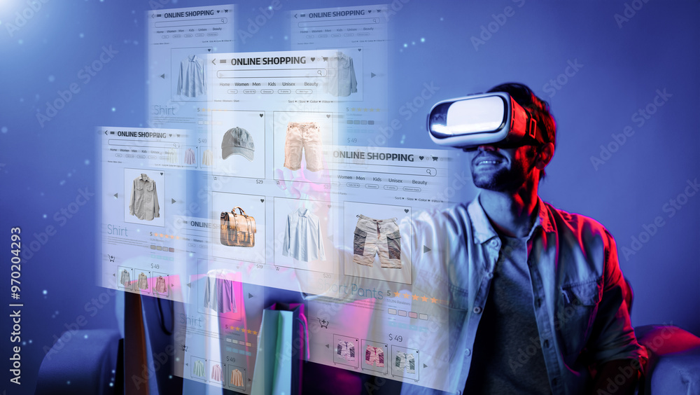 Aufkleber caucasian man choosing and selecting product for shopping list while wearing visual reality goggles.
