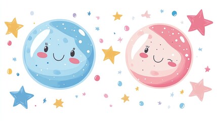 Cute cartoon characters featuring blue and pink bubbles with smiling faces, surrounded by colorful stars and sparkles.