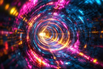 Abstract Neon Tunnel with Glowing Lights and Geometric Patterns