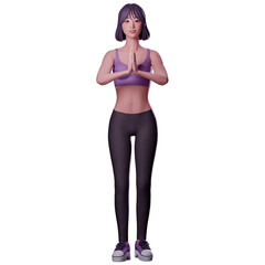 Fototapeta premium Beauty sport girl in sport wear doing folded hand, salutation pose, namaste, 3D character render