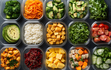 A variety of vegetables and fruits are displayed in clear plastic containers
