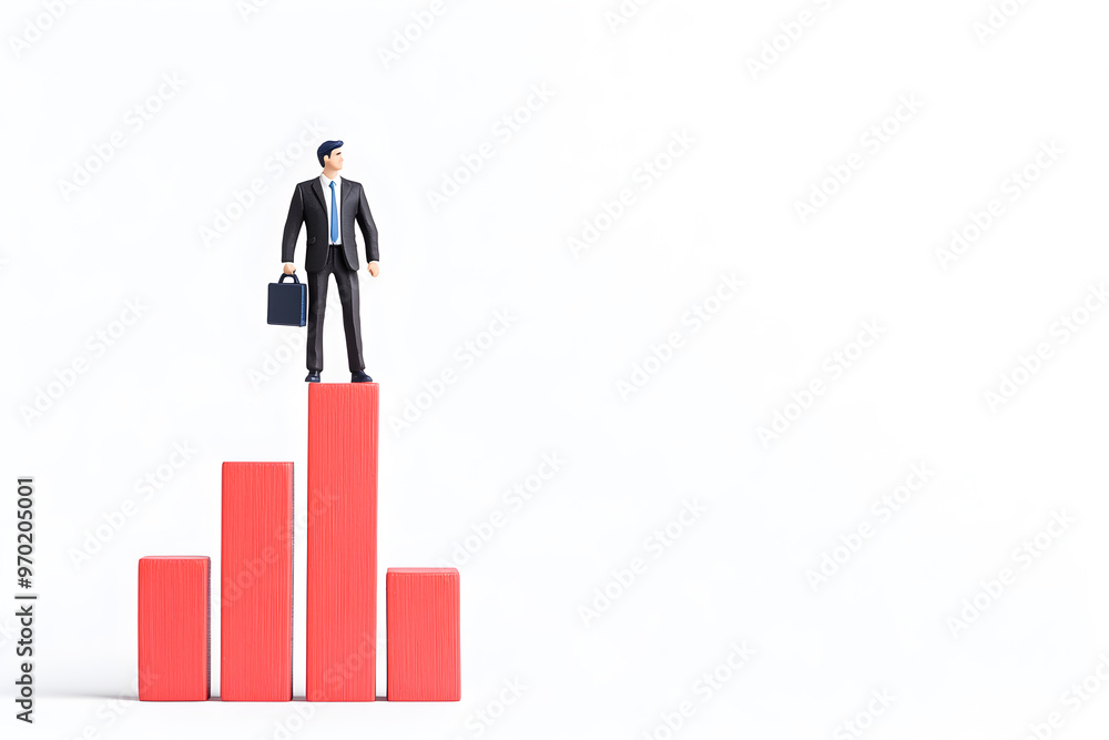 Poster a man in a suit stands on a red block with a briefcase