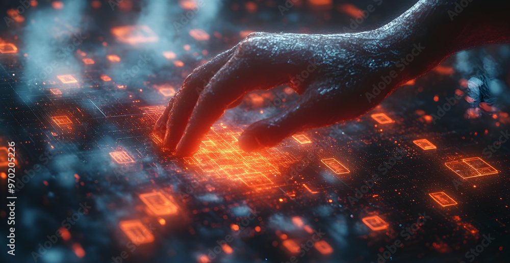 Poster a hand is reaching out to touch a computer screen with a red glow