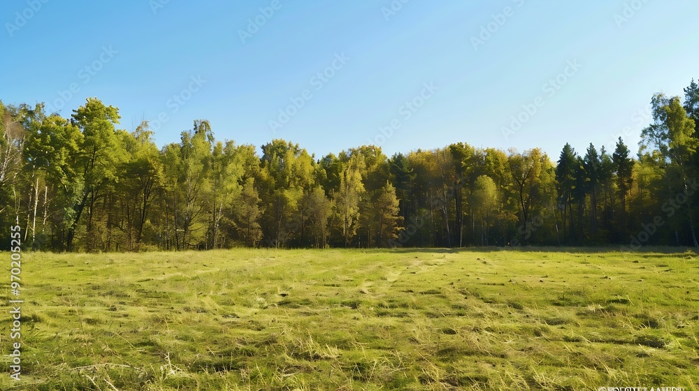 Wall mural Large glade covered with low trimmed grass on a foreground against distant forest and clear sky in park at autumn sunny day : Generative AI