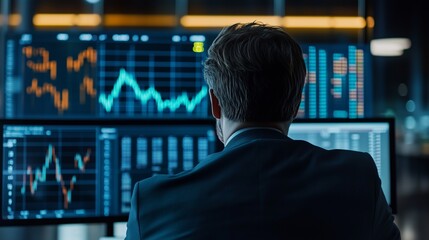 Businessman looking at stock market charts and graphs on a digital screen