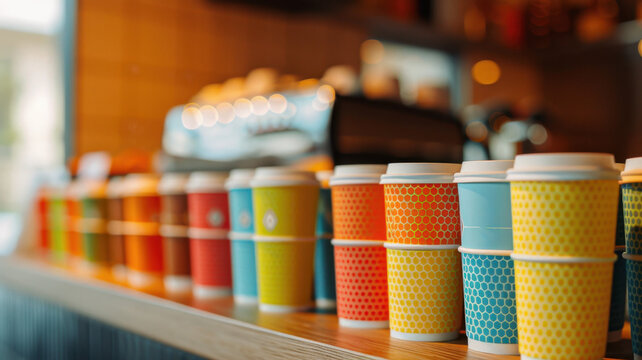 Takeaway Cups: Stackable paper cups adorned with the shop’s bold logo, topped with snug-fitting lids to keep drinks hot and convenient for customers in transit.
