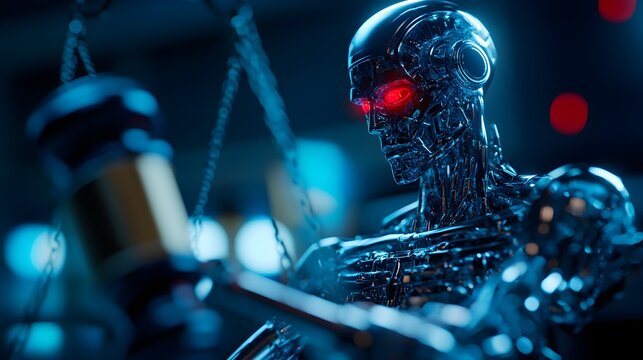 A chained AI robot, seated in a courtroom, embodying the concept of AI being held accountable for its actions focus on, theme, ethics in AI, vibrant, composite, gavel and scales of justice backdrop