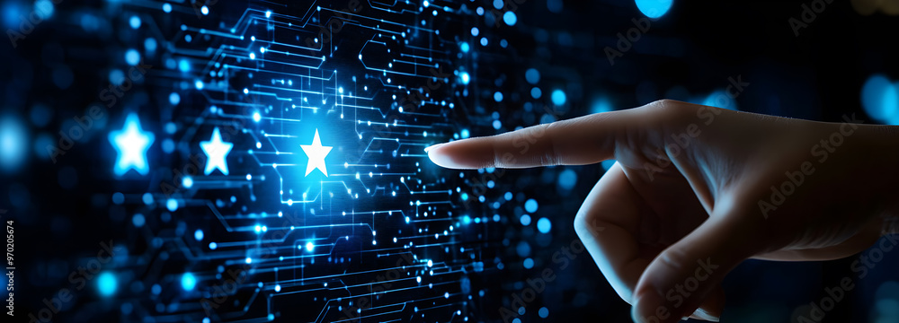 Poster a hand pointing at a star on a computer screen