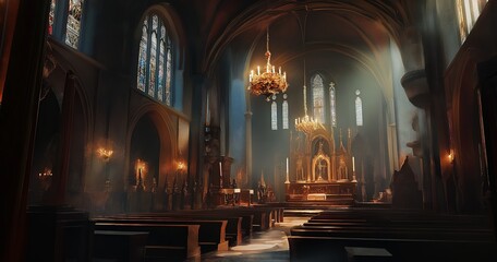 Fototapeta premium Interior of a Church with Candles and Sunlight Through Stained Glass