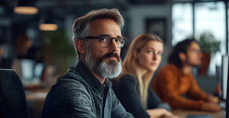 Obraz premium A man with glasses and a beard is sitting in a room with other people