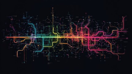 Fototapeta premium Map featuring major and minor roads railways and waterways designed in colorful line art against a black background