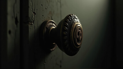 Halloween background with eerie old door handle in dim light