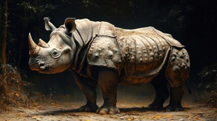 Fototapeta premium A rhinoceros depicted with armor-like skin in a forest setting.