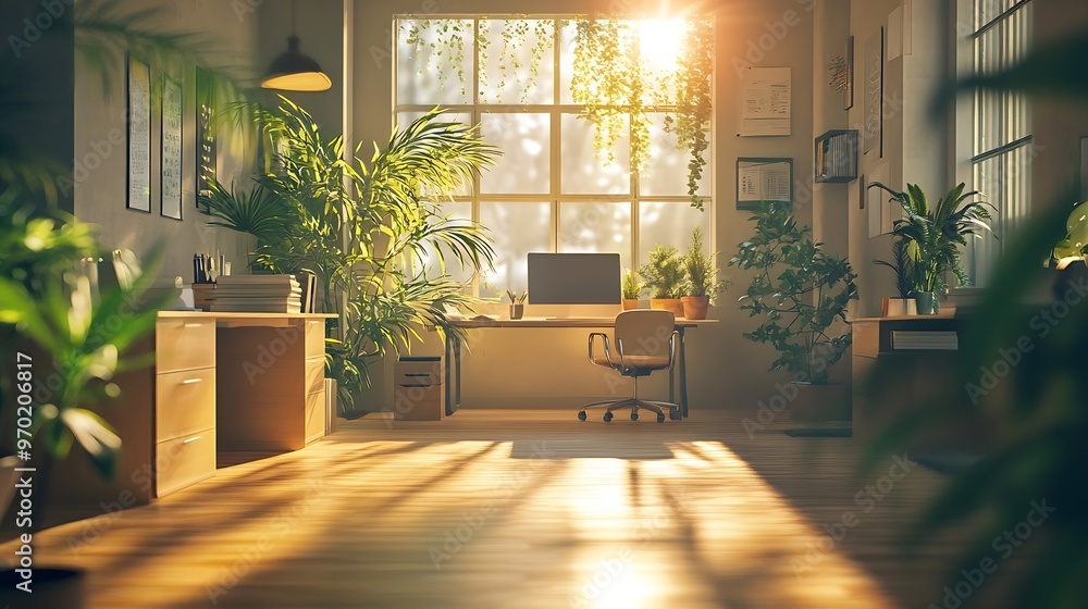 Poster Shot of light cozy office interior in modern minimalistic style with working desks and plants copy space : Generative AI