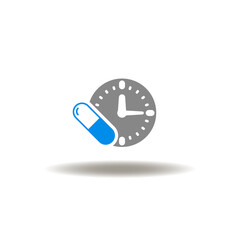 Vector illustration of clock and pill capsule. Icon of medical pharmaceutical dose time. Symbol of medications dosage notification.