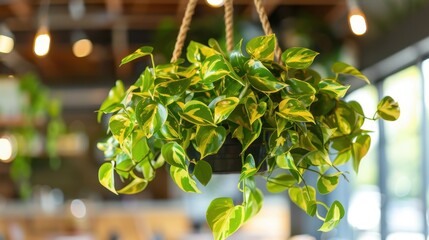 Obraz premium Plants and Greenery: A variety of potted and suspended plants that enhance the indoor setting, offering a soothing and refreshing atmosphere for coffee drinkers. 