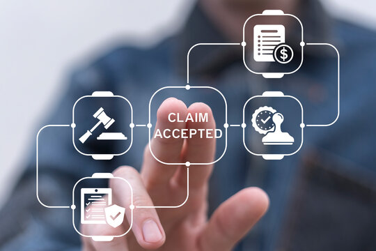 Man working on virtual touch screen presses inscription: CLAIM ACCEPTED. Claim Compensation Accepted Management Business Department Concept. Registration claims document.