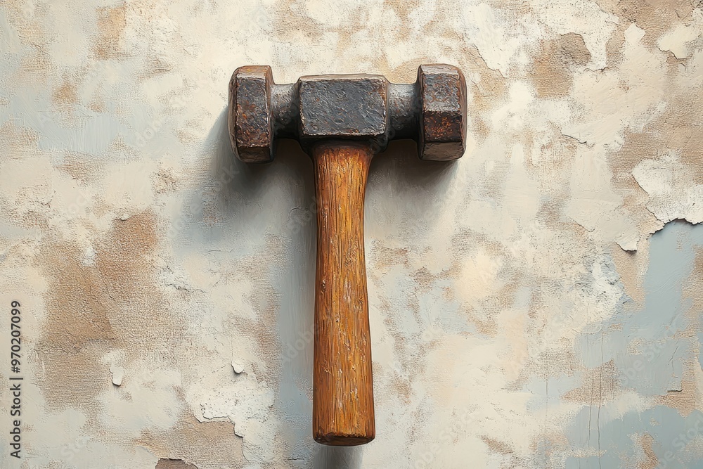 Poster A Rusty Hammer with a Wooden Handle Against a Cracked White Wall