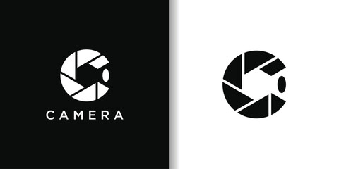 Camera logo design, Initial Letter C with lens photography. Premium Vector