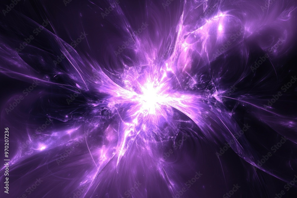 Poster abstract violet background featuring a fractal explosion star with glossy effects and dynamic lines