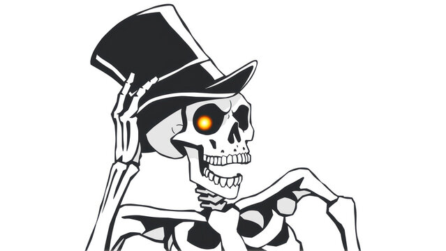 Halloween card of a skeleton tipping its top hat with glowing eye