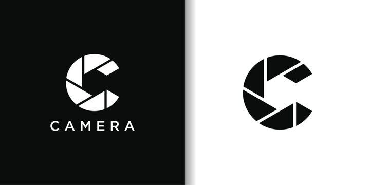 Camera logo design, Initial Letter C with lens photography. Premium Vector