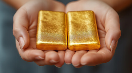 Close-up of hands holding two shiny gold bars, symbol of wealth, financial success, investment, and economic security, luxury precious metals, monetary value
