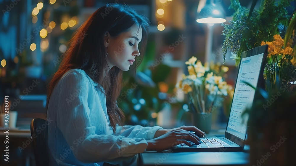 Poster Woman typing and computer for working in office serious and keyboard for journalist research and writing Workplace employee and person with laptop planning and project for headline of  : Generative AI