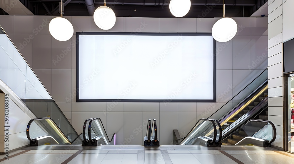 Poster mock up horizontal large billboard on the wall near escalator in shopping mall four lamps hanging on