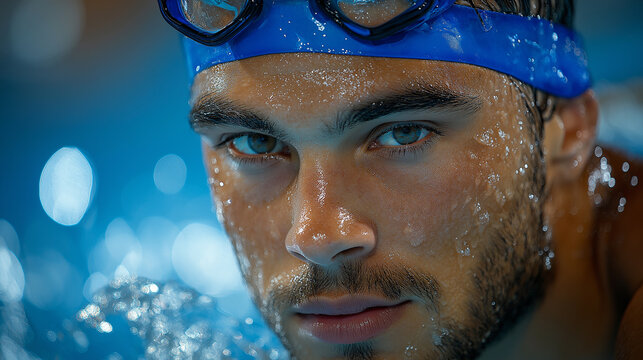 Male swimmer in blue goggles, intense focus on face, water splashes, competitive swimming, professional athlete, sports photography capturing determination and endurance