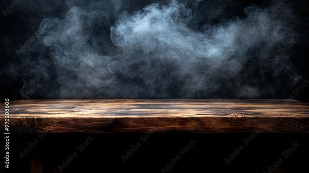 Poster On a black background an empty wooden table with smoke floats up Empty space for displaying your products with a smoke float up on a dark background Space available for displaying your : Generative AI