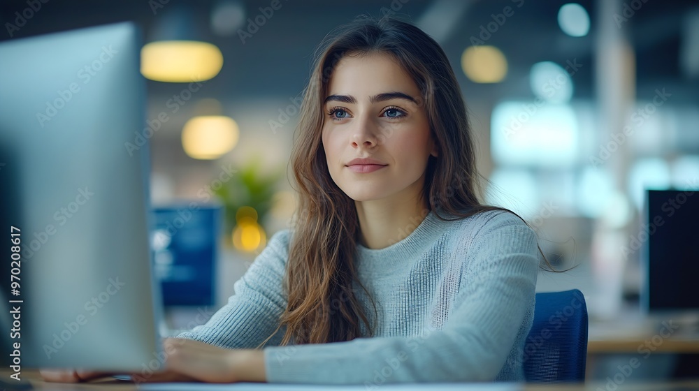 Poster working in workplace on the desk with computer female employee is looking on document en entrepreneu