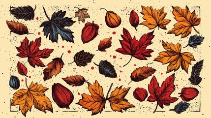 Obraz premium Retro coloring book illustration featuring a variety of autumn elements on a blank background a creative representation for the season of fall