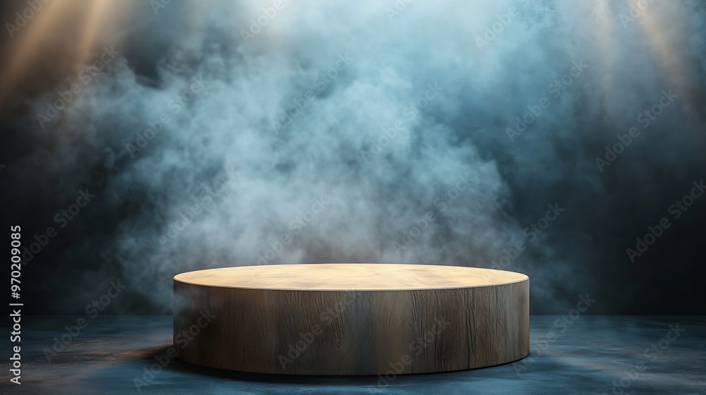 Poster the empty wooden cylinder shape of product display podium stand for showing or design blank backdrop