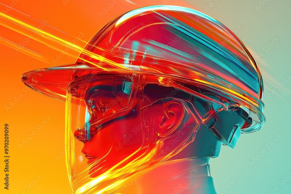 Poster Abstract Portrait of a Person Wearing a Helmet with a Colorful, Glowing Effect