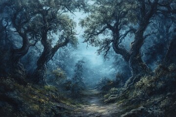Obraz premium Oil painting depicting a mystical forest filled with ancient trees and a sense of enchantment amidst a dense shadowy landscape