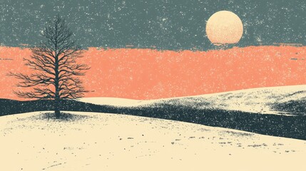 Retro coloring book illustration of a peaceful winter scene featuring a solitary tree in a snowy landscape